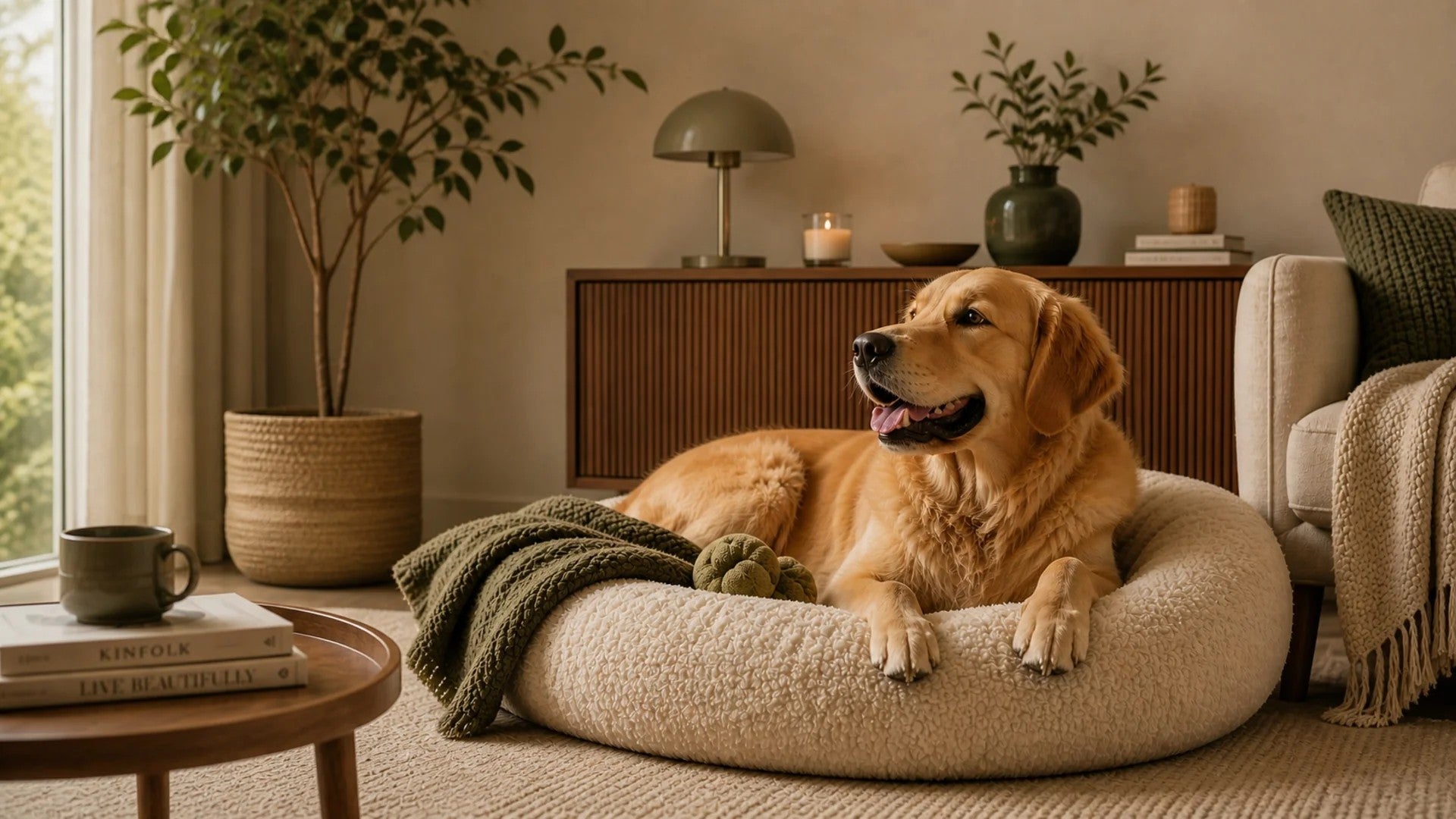 Golden Retriever entspannt im flauschigen PETIVO Donut-Hundebett aus weichem Teddy-Plüsch in Creme – gemütliches Wohnzimmer-Ambiente