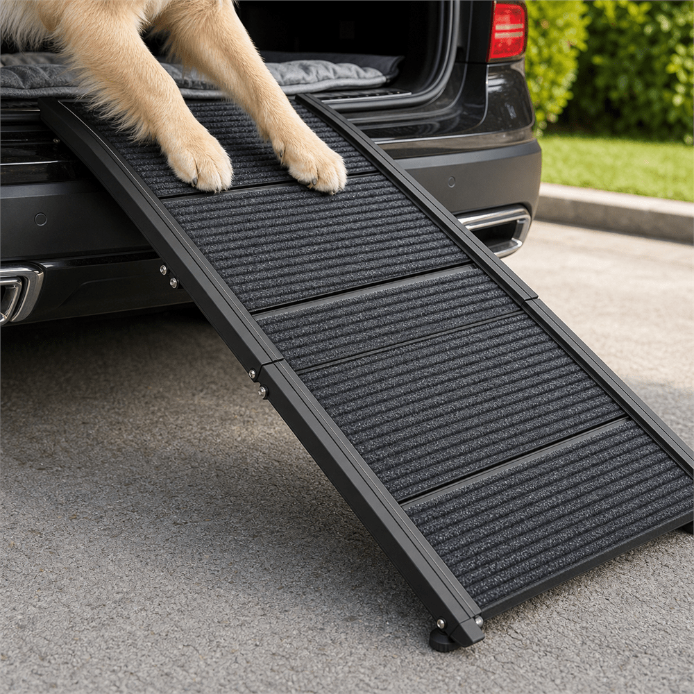 Hund steigt auf der ausgeklappten PETIVO Hunderampe ins Auto – rutschfeste Lauffläche und stabiler Aluminiumrahmen für sicheren Einstieg in den Kofferraum