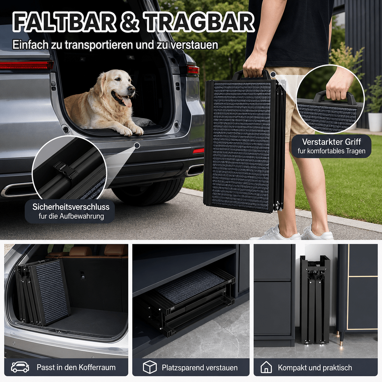 PETIVO faltbare Hunderampe fürs Auto – tragbar mit verstärktem Griff und Sicherheitsverschluss, platzsparend im Kofferraum verstaubar, ideal für Golden Retriever und große Hunde