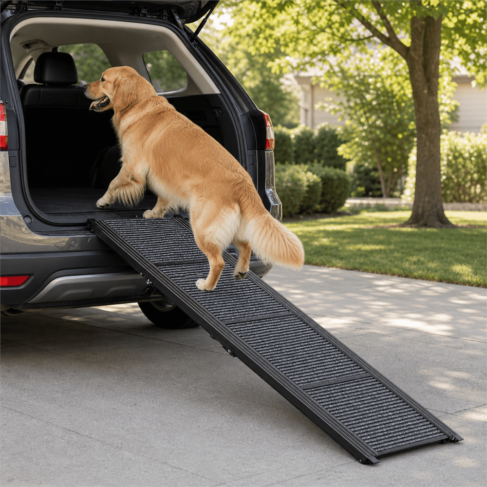 Golden Retriever klettert sicher über die PETIVO faltbare Hunderampe in den Kofferraum eines SUV – ideale Einstiegshilfe für große Hunde