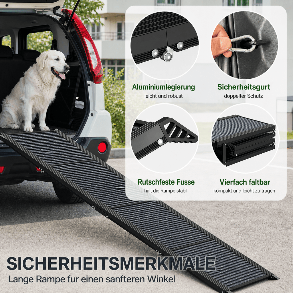 PETIVO faltbare Hunderampe fürs Auto – Sicherheitsmerkmale mit Aluminiumlegierung, Sicherheitsgurt, rutschfesten Füßen und vierfach faltbarem Design für sanften Einstieg