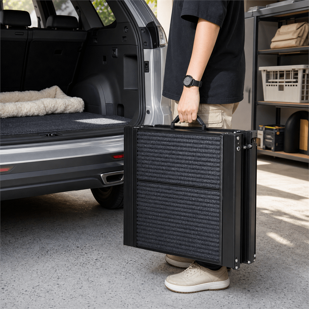 PETIVO faltbare Hunderampe zusammengeklappt und am Tragegriff getragen neben einem SUV – kompakt, leicht und einfach zu transportieren
