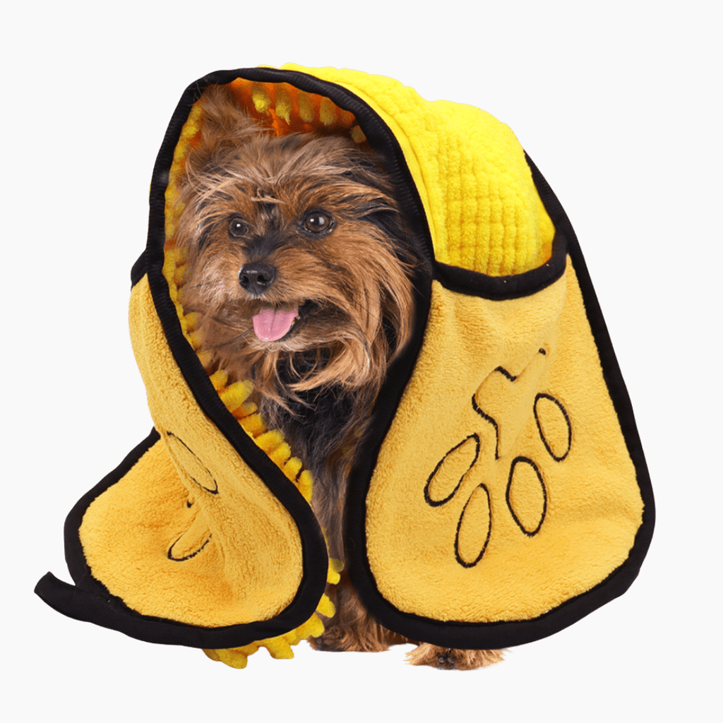 Yorkshire Terrier eingewickelt im gelben PETIVO Hundehandtuch aus Mikrofaser-Chenille – schnelles und sanftes Abtrocknen nach dem Baden