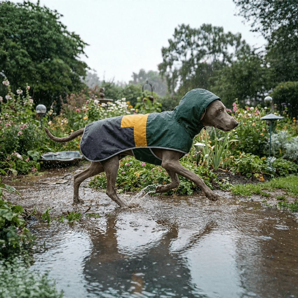 Weimaraner im PETIVO Hunderegenmantel in Grün, Gelb und Grau rennt durch eine Pfütze im Garten bei strömendem Regen – wasserdichter Schutz im Alltag