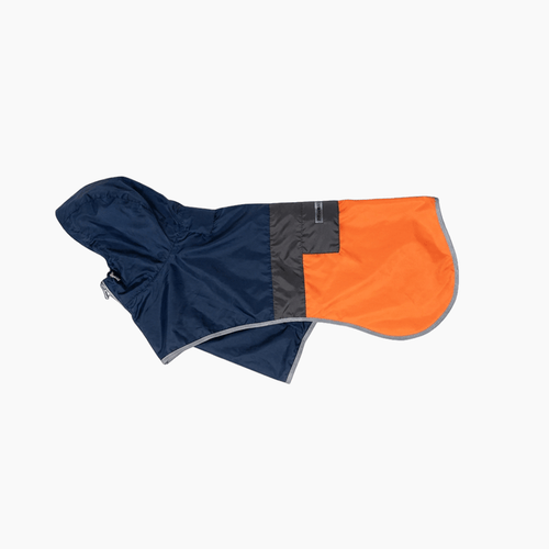 PETIVO Hunderegenmantel in Navyblau und Orange mit Kapuze und reflektierendem Saum – leicht, wasserdicht und atmungsaktiv