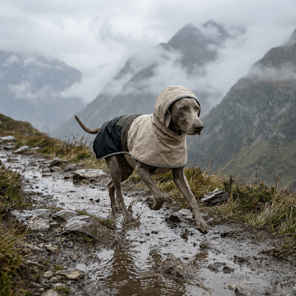 Weimaraner mit PETIVO Hunderegenmantel in Beige und Dunkelblau läuft im Regen durch die Berge – wasserdichter Schutz bei Wanderungen