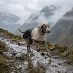 Weimaraner mit PETIVO Hunderegenmantel in Beige und Dunkelblau läuft im Regen durch die Berge – wasserdichter Schutz bei Wanderungen