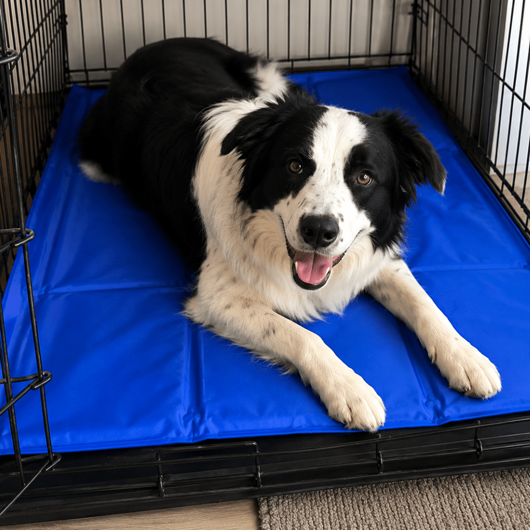 Border Collie entspannt auf der blauen PETIVO Kühlmatte in der Hundebox – sofortige Abkühlung an heißen Sommertagen