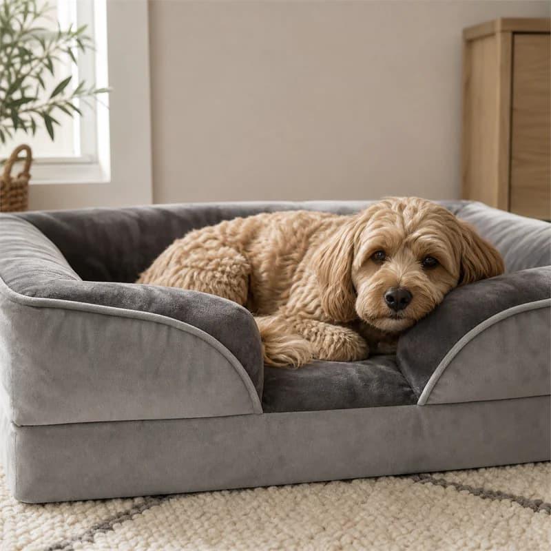 Cockapoo ruht entspannt auf dem grauen PETIVO orthopädischen Hundebett mit hohem Polsterrand – perfekt zum Anlehnen und für erholsamen Schlaf