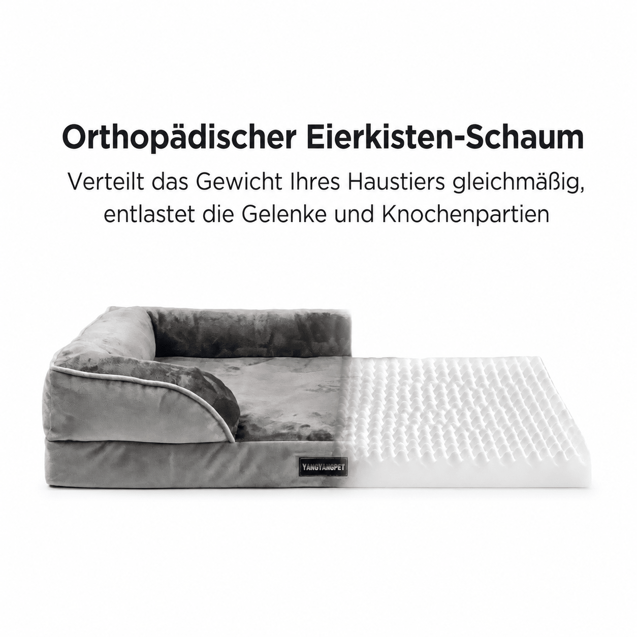PETIVO orthopädisches Hundebett in Grau mit Eierkisten-Schaum – verteilt das Gewicht gleichmäßig und entlastet Gelenke und Knochen