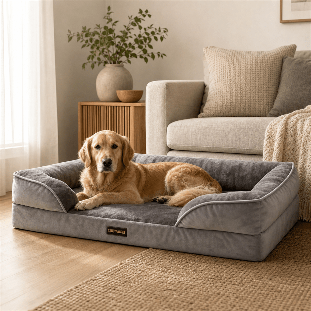 Golden Retriever liegt entspannt auf dem grauen PETIVO orthopädischen Hundebett im stilvollen Wohnzimmer – Komfort und Eleganz für große Hunde