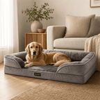 Golden Retriever liegt entspannt auf dem grauen PETIVO orthopädischen Hundebett im stilvollen Wohnzimmer – Komfort und Eleganz für große Hunde
