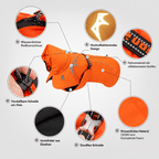 PETIVO reflektierender Hundemantel in Orange – Produktdetails mit wasserdichtem Reißverschluss, Duraflex-Schnalle, Elasthan-Innenfutter und reflektierenden Streifen