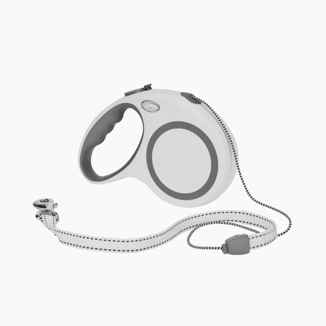 PETIVO Rollleine für Hunde in Weiß-Grau mit reflektierendem Nylonband und ergonomischem Griff – sicheres und komfortables Gassigehen