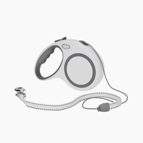 PETIVO Rollleine für Hunde in Weiß-Grau mit reflektierendem Nylonband und ergonomischem Griff – sicheres und komfortables Gassigehen