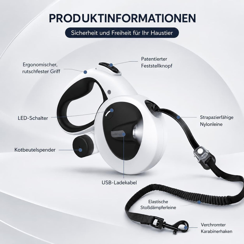 PETIVO Rollleine mit Licht – Übersicht: LED, Kotbeutelspender, USB-Ladung, ergonomischer Griff, Stoßdämpferleine