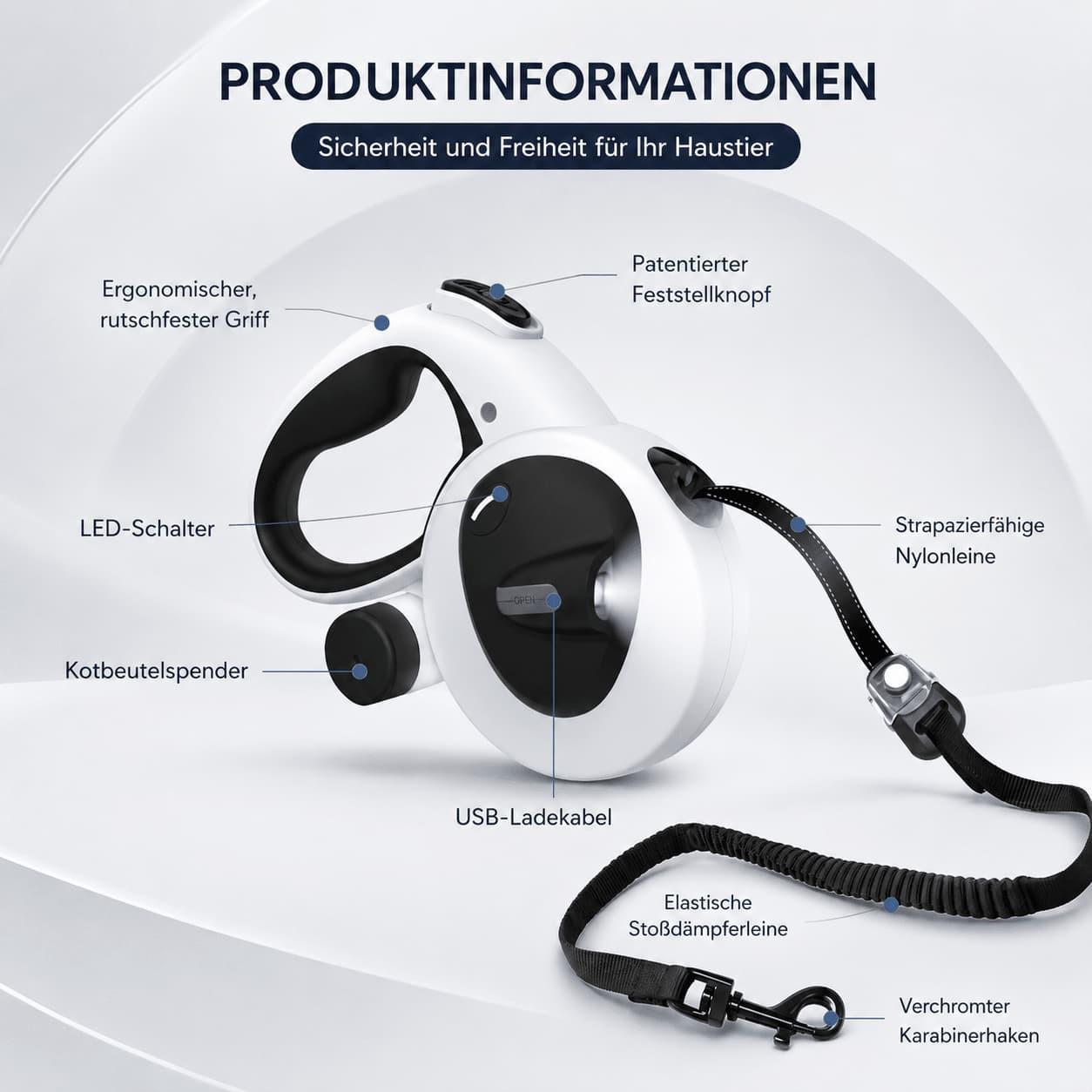 PETIVO Rollleine mit Licht – Übersicht: LED, Kotbeutelspender, USB-Ladung, ergonomischer Griff, Stoßdämpferleine