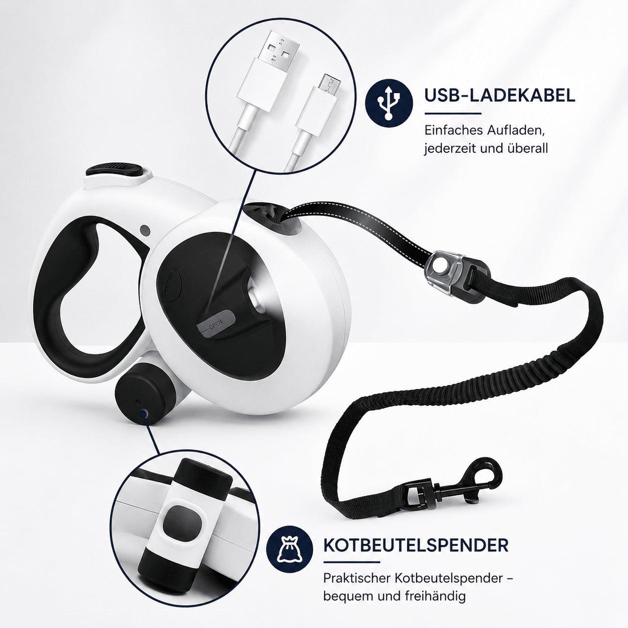 PETIVO Rollleine mit Licht – wiederaufladbar per USB-Ladekabel mit integriertem Kotbeutelspender und elastischer Stoßdämpferleine
